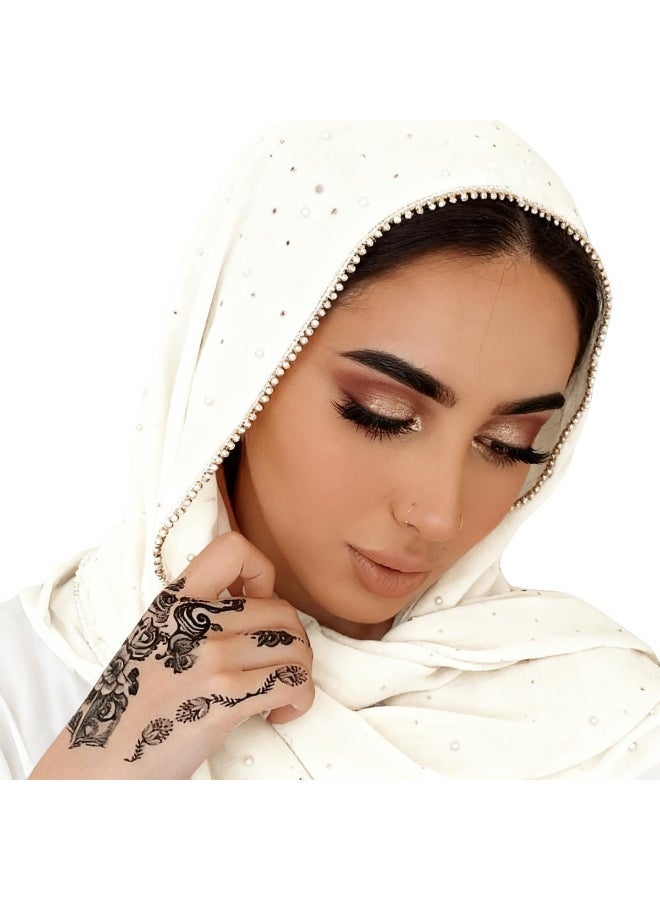 2Pcs Cream Rhinestone Pearl Chiffon Hijab Scarf 180x70cm, Sparkling Gold Beaded Trim Muslim Women Head Wrap for Party & Daily Wear - Image 4