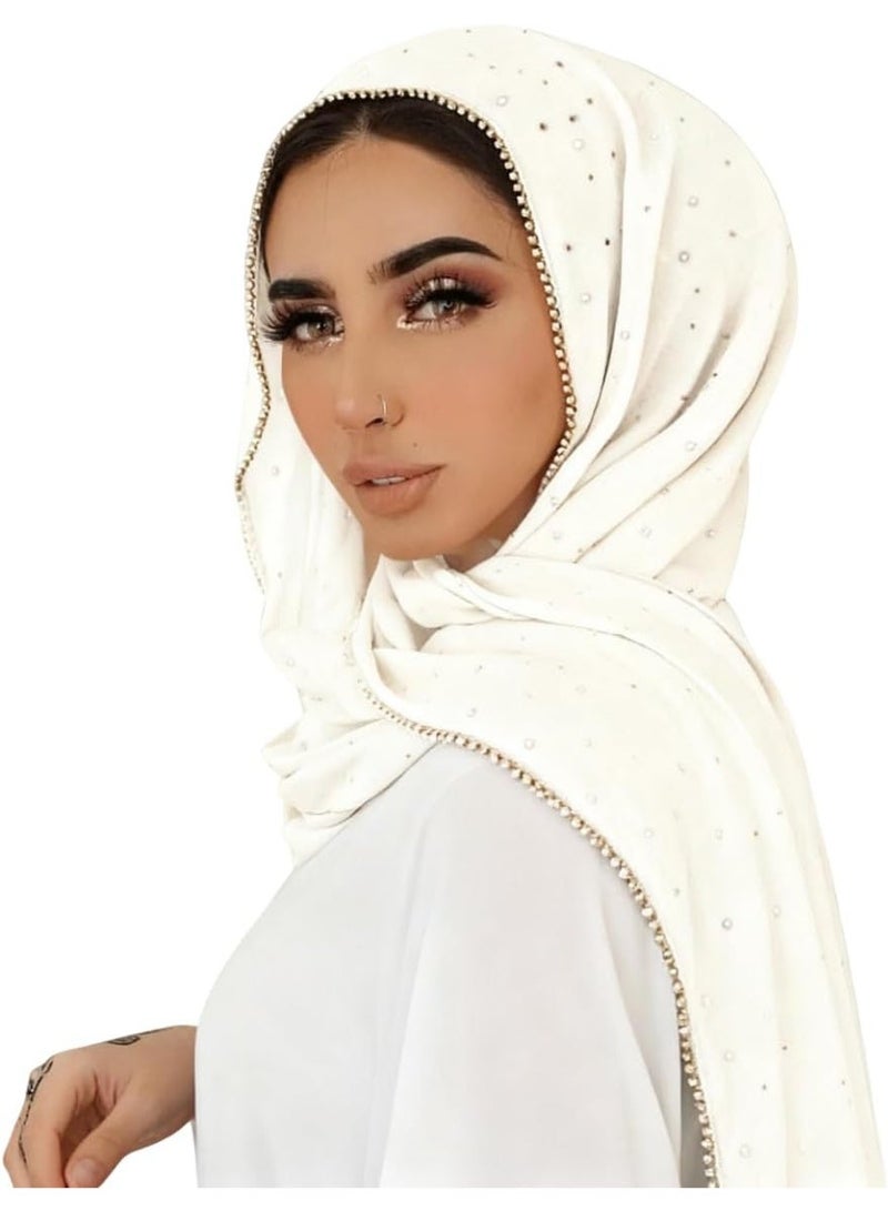 2Pcs Cream Rhinestone Pearl Chiffon Hijab Scarf 180x70cm, Sparkling Gold Beaded Trim Muslim Women Head Wrap for Party & Daily Wear - Image 5