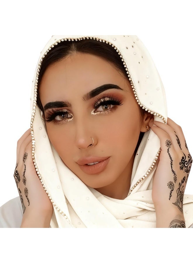 2Pcs Cream Rhinestone Pearl Chiffon Hijab Scarf 180x70cm, Sparkling Gold Beaded Trim Muslim Women Head Wrap for Party & Daily Wear - Image 3