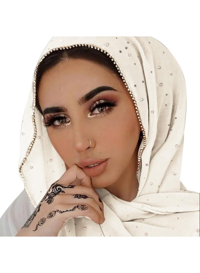 2Pcs Cream Rhinestone Pearl Chiffon Hijab Scarf 180x70cm, Sparkling Gold Beaded Trim Muslim Women Head Wrap for Party & Daily Wear - Image 1