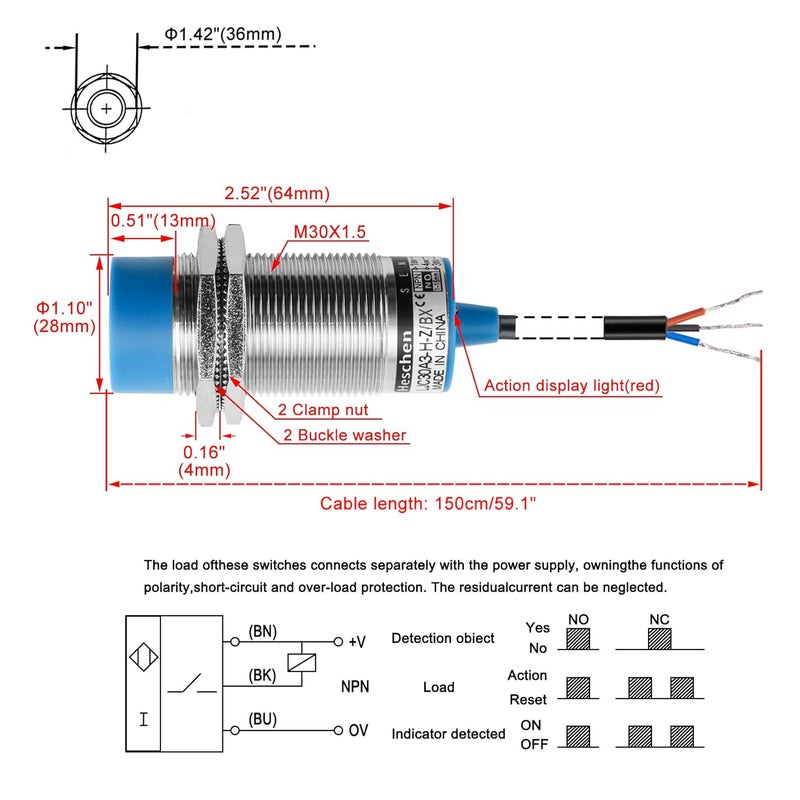 Heschen M30 Capacitive Proximity Sensor Switch Non-Shield Type LJC30A3-H-Z/BX Detection 1-15mm 10-30VDC 200mA NPN Normally Open(NO) 3 Wires - Image 2