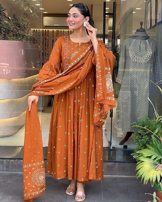 SKY FAB Women Embroidery and Printed Anarkali Kurta and Pant Set with Dupatta (Large Orange - Image 3