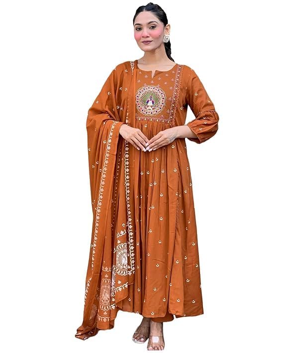 SKY FAB Women Embroidery and Printed Anarkali Kurta and Pant Set with Dupatta (Large Orange - Image 1