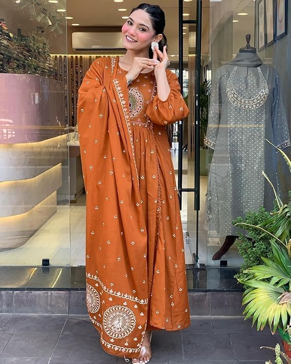 SKY FAB Women Embroidery and Printed Anarkali Kurta and Pant Set with Dupatta (Large Orange - Image 4