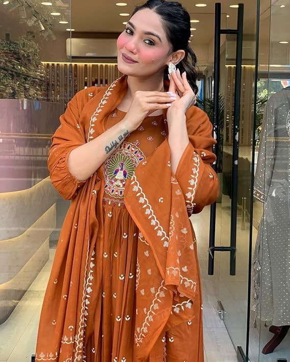 SKY FAB Women Embroidery and Printed Anarkali Kurta and Pant Set with Dupatta (Large Orange - Image 5