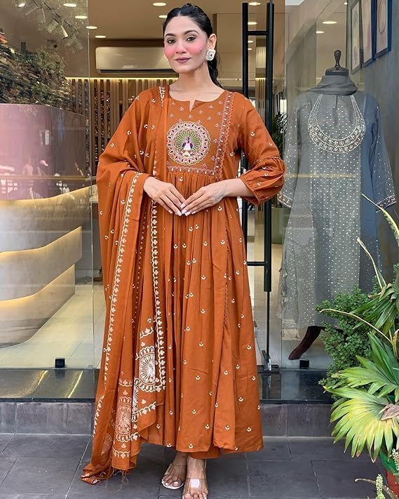 SKY FAB Women Embroidery and Printed Anarkali Kurta and Pant Set with Dupatta (Large Orange - Image 2