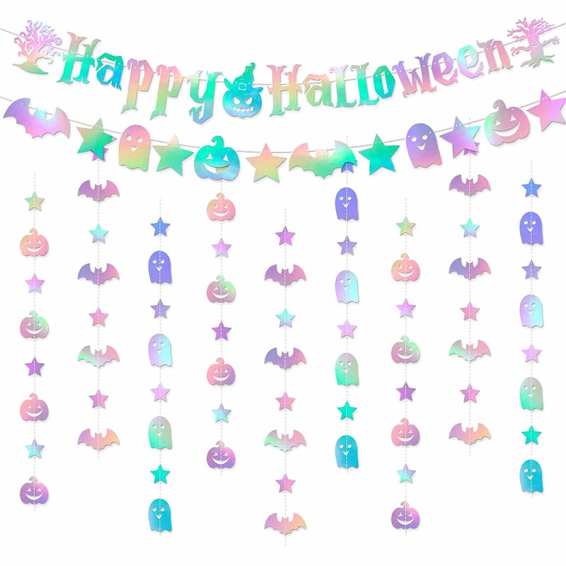 Iridescent Happy Halloween PartyDecorations Banner 8Pcs Hanging Streamers GarlandBat Ghost Pumpkin Ceiling Outdoor Indoor Wall Decor Party PropsPorch Room Scary Supplies Hugtmr