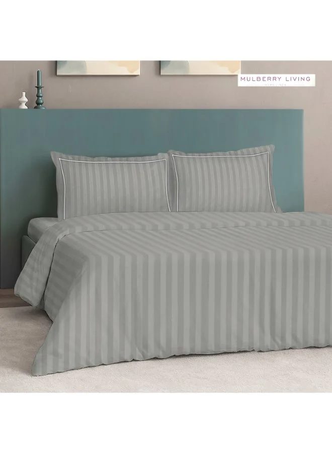 MULBERRY LIVING 100% Cotton 4 Piece Set: Duvet Cover: Width 240 x Length 220 cms. Fitted King Sheet : 180 x 200 x 30 cms. Pillow Covers : 50 x 75 cms - 300 TC Elysian Stripes(2cm)-Silver grey