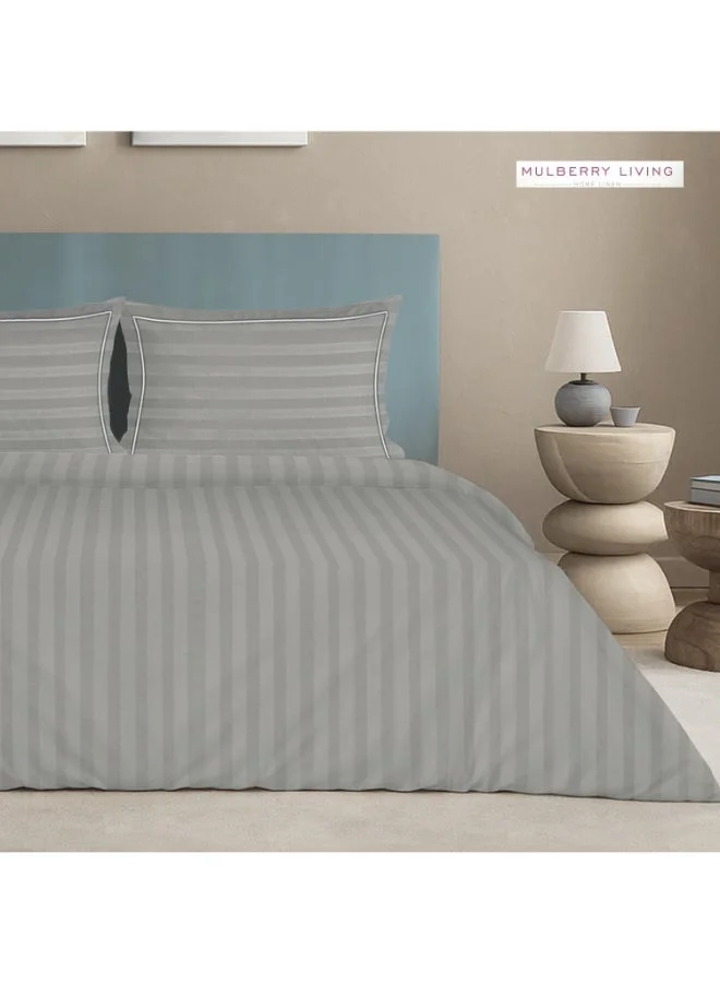 MULBERRY LIVING 100% Cotton 4 Piece Set: Duvet Cover: Width 240 x Length 220 cms. Fitted King Sheet : 180 x 200 x 30 cms. Pillow Covers : 50 x 75 cms - 300 TC Elysian Stripes(2cm)-Silver grey