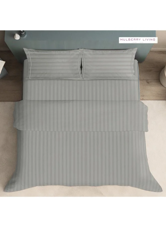 MULBERRY LIVING 100% Cotton 4 Piece Set: Duvet Cover: Width 240 x Length 220 cms. Fitted King Sheet : 180 x 200 x 30 cms. Pillow Covers : 50 x 75 cms - 300 TC Elysian Stripes(2cm)-Silver grey