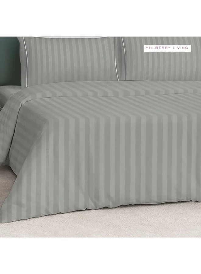 MULBERRY LIVING 100% Cotton 4 Piece Set: Duvet Cover: Width 240 x Length 220 cms. Fitted King Sheet : 180 x 200 x 30 cms. Pillow Covers : 50 x 75 cms - 300 TC Elysian Stripes(2cm)-Silver grey
