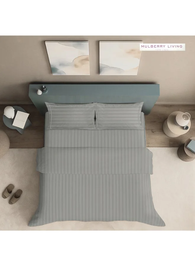 MULBERRY LIVING 100% Cotton 4 Piece Set: Duvet Cover: Width 240 x Length 220 cms. Fitted King Sheet : 180 x 200 x 30 cms. Pillow Covers : 50 x 75 cms - 300 TC Elysian Stripes(2cm)-Silver grey
