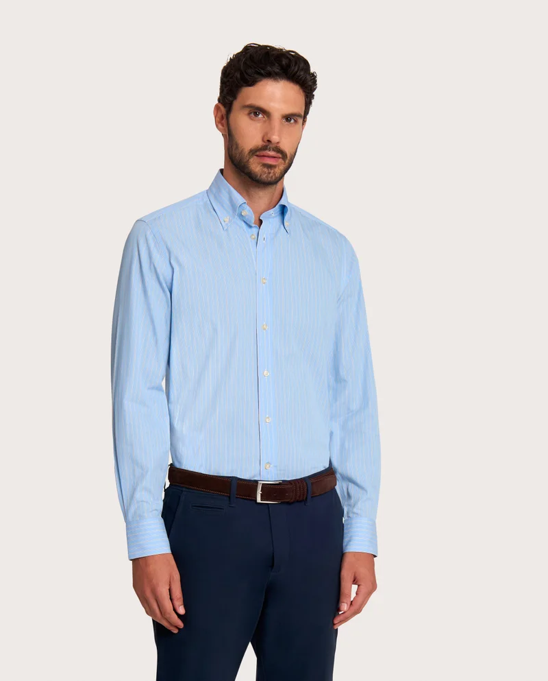 كاميتشسما Striped Light Blue Poplin Fancy Slim Shirt