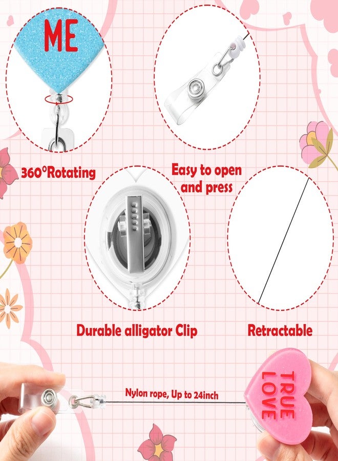 ANGOLIO 6Pcs Valentine's Day Badge Reel Retractable Glitter Acrylic Conversation Heart Badge Holder - Image 3