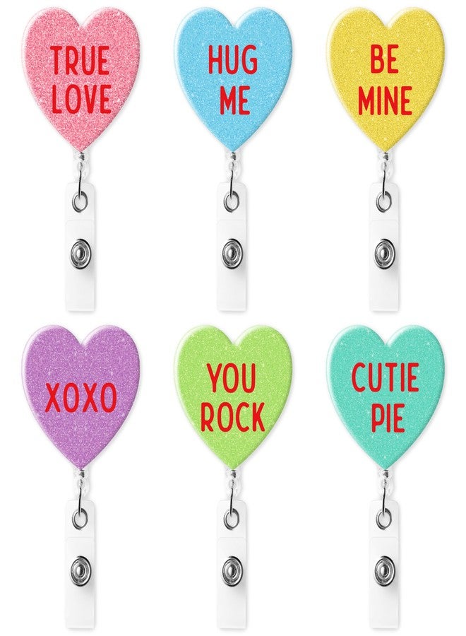 ANGOLIO 6Pcs Valentine's Day Badge Reel Retractable Glitter Acrylic Conversation Heart Badge Holder - Image 1