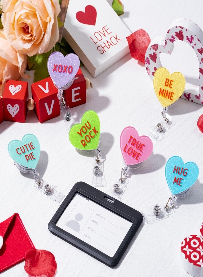 ANGOLIO 6Pcs Valentine's Day Badge Reel Retractable Glitter Acrylic Conversation Heart Badge Holder - Image 4