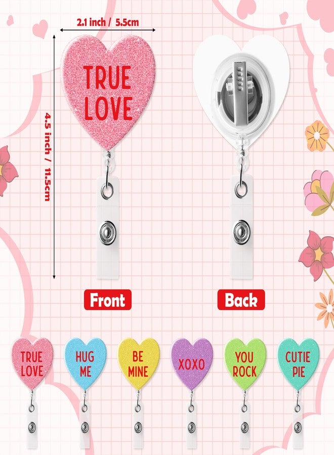 ANGOLIO 6Pcs Valentine's Day Badge Reel Retractable Glitter Acrylic Conversation Heart Badge Holder - Image 2