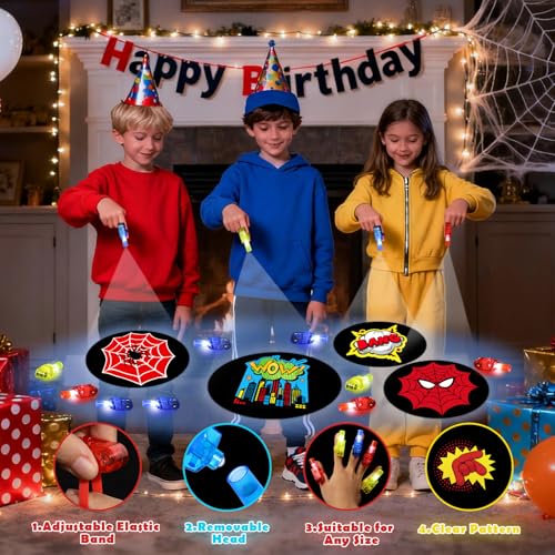 Sauyoza 36 Pcs Spider Themed Party Favors LED Finger Lights for Kids Superhero Glow in the Dark Party Supplies Goodie Bag Stuffers Classroom Treasure Box Prizes for Boys Girls - Image 5