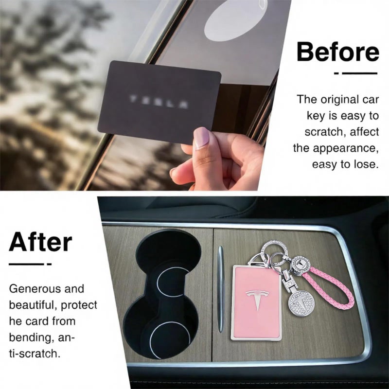 Tesheer for Tesla Key Card Holder Bling Key Chain Card Key Holder for Model S/X/3/Y Cybertruck Keychain (Pink) - Image 3