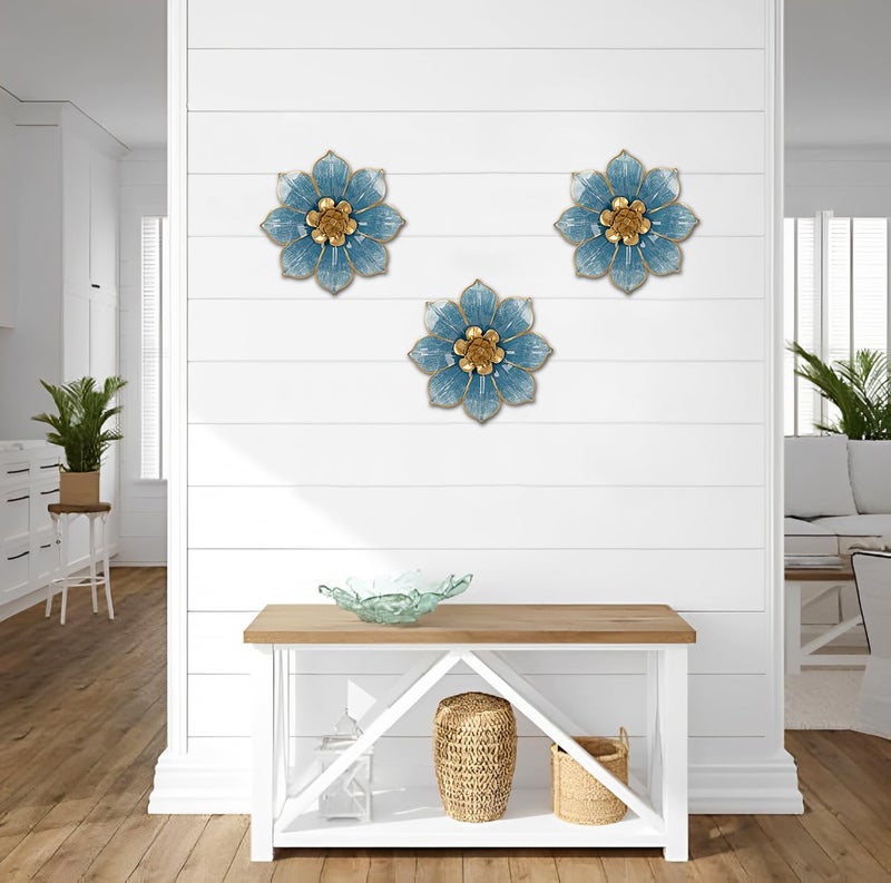 Villa Como Metal Flowers Wall Decor Blue and Gold Wall Art Hanging Decorations 3 Pc Rustic Modern Floral Sculpture Wall Accent Artwork Indoor Outdoor for Bathroom Bedroom Living Room Garden Patio Porch 10 Inch - Image 4