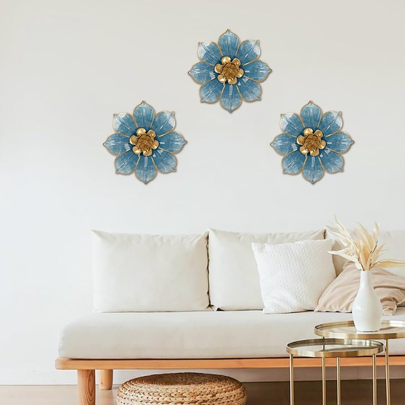 Villa Como Metal Flowers Wall Decor Blue and Gold Wall Art Hanging Decorations 3 Pc Rustic Modern Floral Sculpture Wall Accent Artwork Indoor Outdoor for Bathroom Bedroom Living Room Garden Patio Porch 10 Inch - Image 5