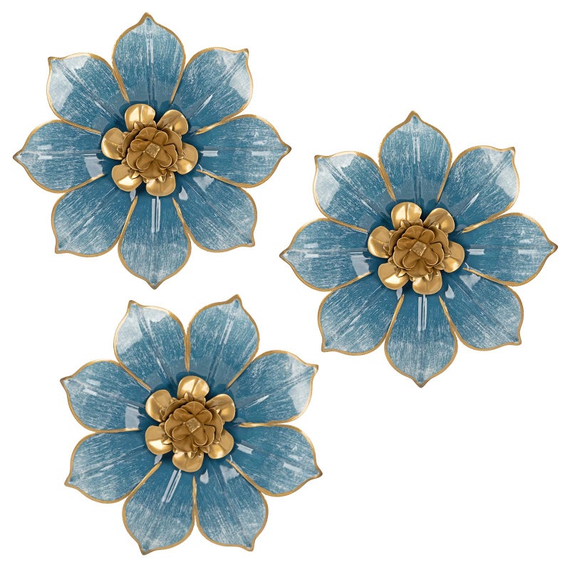 Villa Como Metal Flowers Wall Decor Blue and Gold Wall Art Hanging Decorations 3 Pc Rustic Modern Floral Sculpture Wall Accent Artwork Indoor Outdoor for Bathroom Bedroom Living Room Garden Patio Porch 10 Inch - Image 1