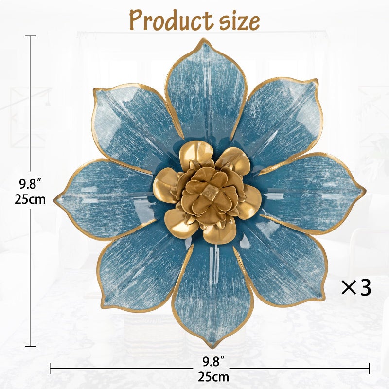 Villa Como Metal Flowers Wall Decor Blue and Gold Wall Art Hanging Decorations 3 Pc Rustic Modern Floral Sculpture Wall Accent Artwork Indoor Outdoor for Bathroom Bedroom Living Room Garden Patio Porch 10 Inch - Image 2