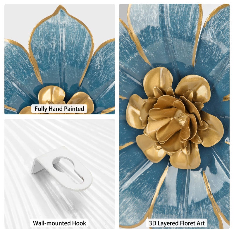 Villa Como Metal Flowers Wall Decor Blue and Gold Wall Art Hanging Decorations 3 Pc Rustic Modern Floral Sculpture Wall Accent Artwork Indoor Outdoor for Bathroom Bedroom Living Room Garden Patio Porch 10 Inch - Image 3