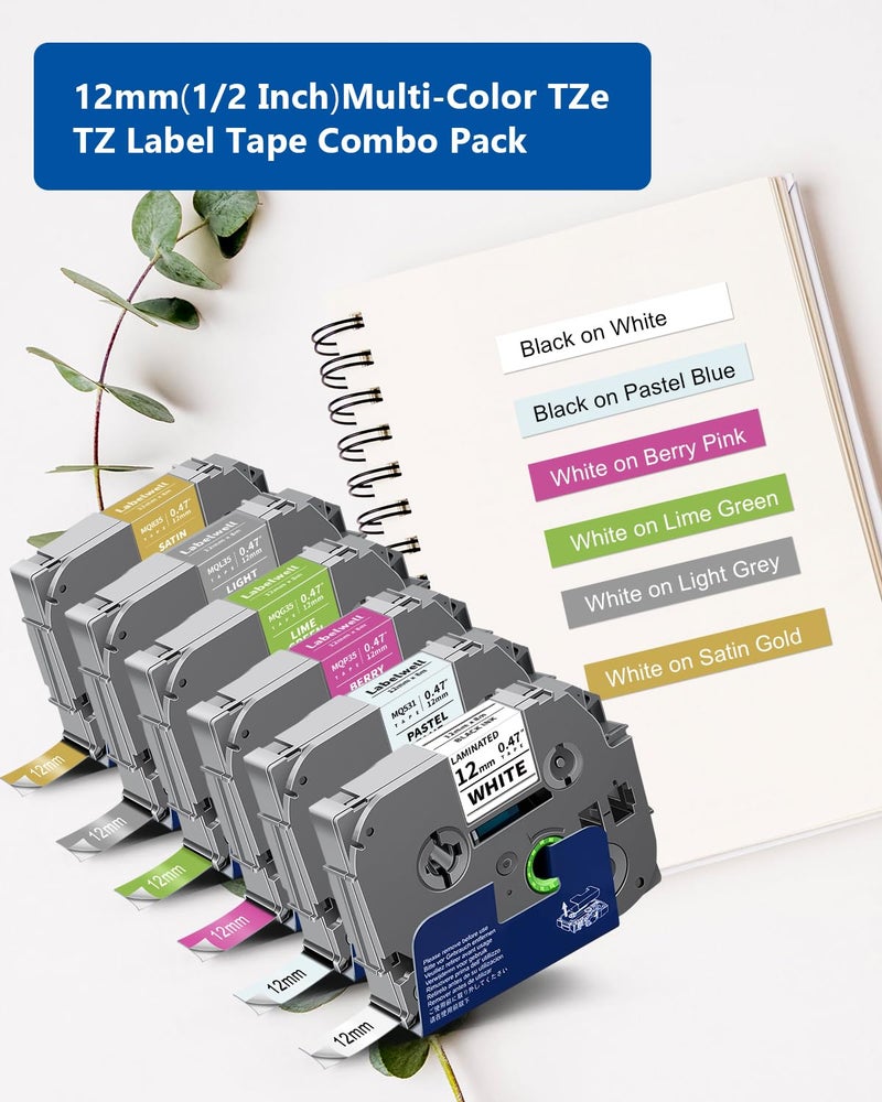 Labelwell 6-Pack 12mm 0.47 Laminated Multi Color Compatible for TZe-231 TZe231 MQ531 MQP35 MQG35 MQL35 MQ835 TZ Tape for P Touch PT-H110 D210 D220 D400, White/Blue/Blue/Green/Sliver/Gold - Image 2