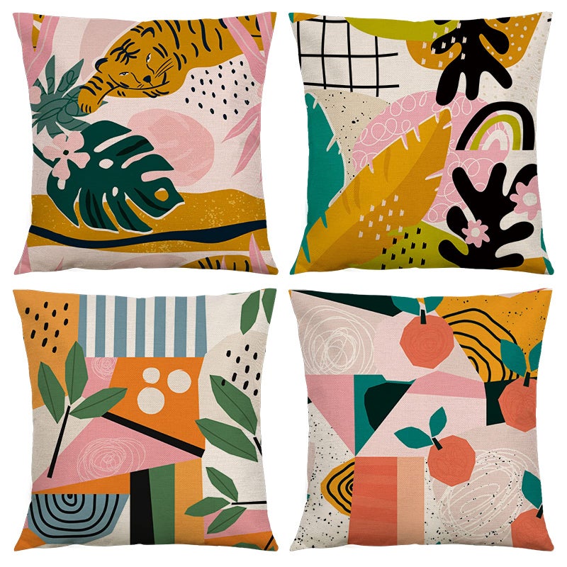 RinRinfam Boho Abstract Pillow Covers 18x 18 Set of 4 Tiger Tropical Leaves Apple Geometric Linen Cushion CasesMinimalism Rustic Home Decor for Outdoor Sofa Bedroom CarPink