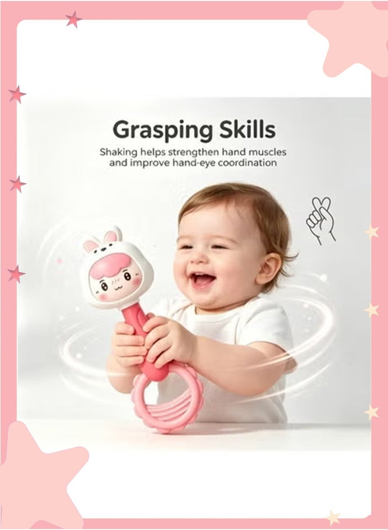 insular Rabbit Rattle with Teether, Pink Bunny Shaker Toy for Baby, Silicone Teething Rattle for Grasping Training, Early Education Sensory Toy for Infants, Teething Relief & Rhythm Development - Image 4