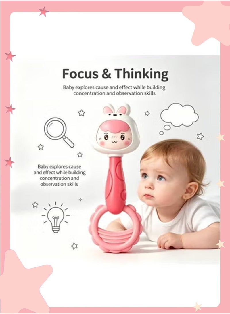insular Rabbit Rattle with Teether, Pink Bunny Shaker Toy for Baby, Silicone Teething Rattle for Grasping Training, Early Education Sensory Toy for Infants, Teething Relief & Rhythm Development - Image 3