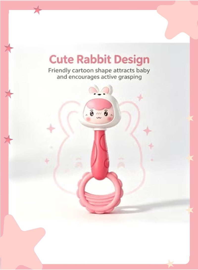 insular Rabbit Rattle with Teether, Pink Bunny Shaker Toy for Baby, Silicone Teething Rattle for Grasping Training, Early Education Sensory Toy for Infants, Teething Relief & Rhythm Development - Image 2