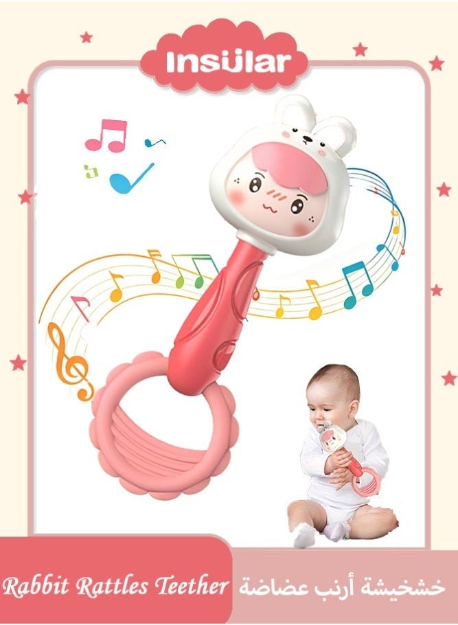 insular Rabbit Rattle with Teether, Pink Bunny Shaker Toy for Baby, Silicone Teething Rattle for Grasping Training, Early Education Sensory Toy for Infants, Teething Relief & Rhythm Development - Image 1