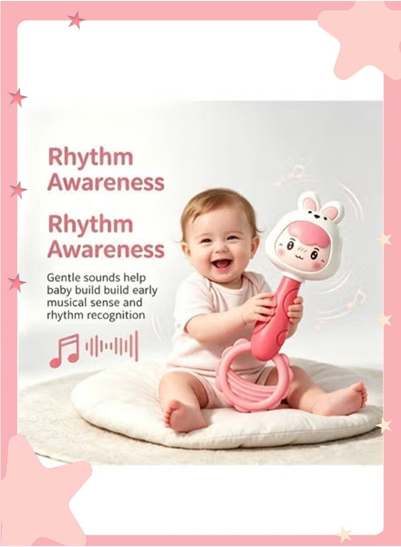 insular Rabbit Rattle with Teether, Pink Bunny Shaker Toy for Baby, Silicone Teething Rattle for Grasping Training, Early Education Sensory Toy for Infants, Teething Relief & Rhythm Development - Image 5