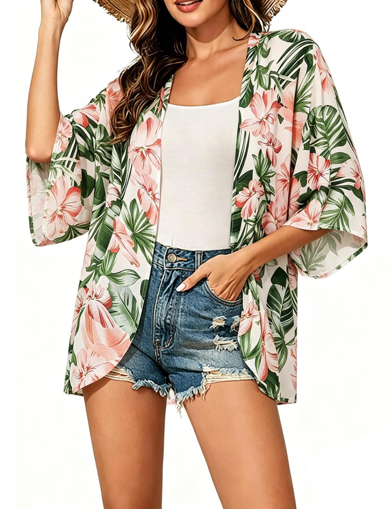 BB&KK Women's Chiffon Floral Leaf Kimono Swimsuit Cover Ups Tops Tropical Summer Cardigans Hawaiian Shirts Tops Beach Sheer Boho Shirts White S - Image 1