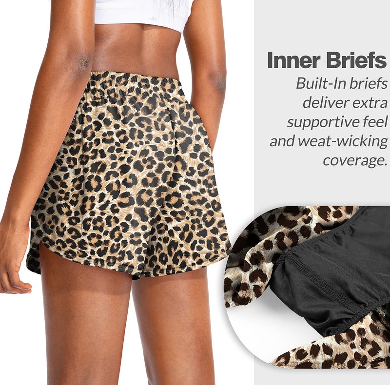 Soothfeel Womens Running Shorts with Zipper Pockets High Waisted Athletic Gym Workout Shorts for Women with Liner Brown Leopard - Image 3