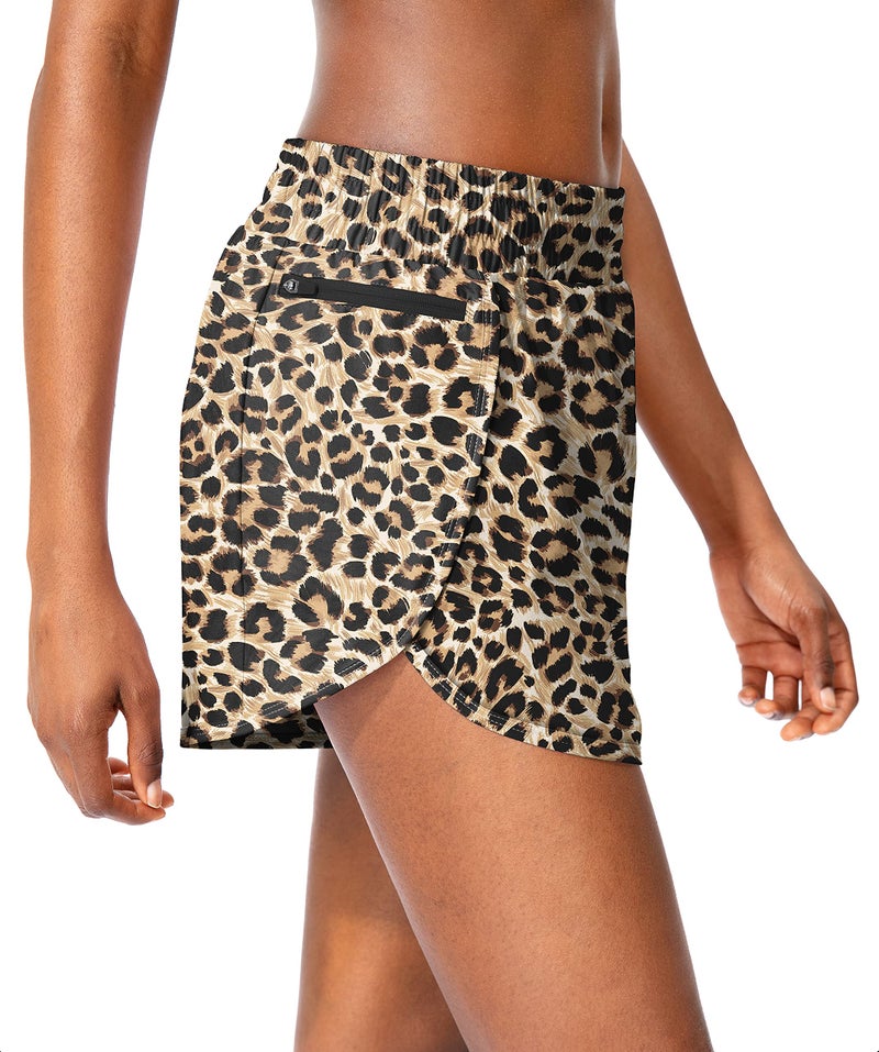 Soothfeel Womens Running Shorts with Zipper Pockets High Waisted Athletic Gym Workout Shorts for Women with Liner Brown Leopard - Image 2
