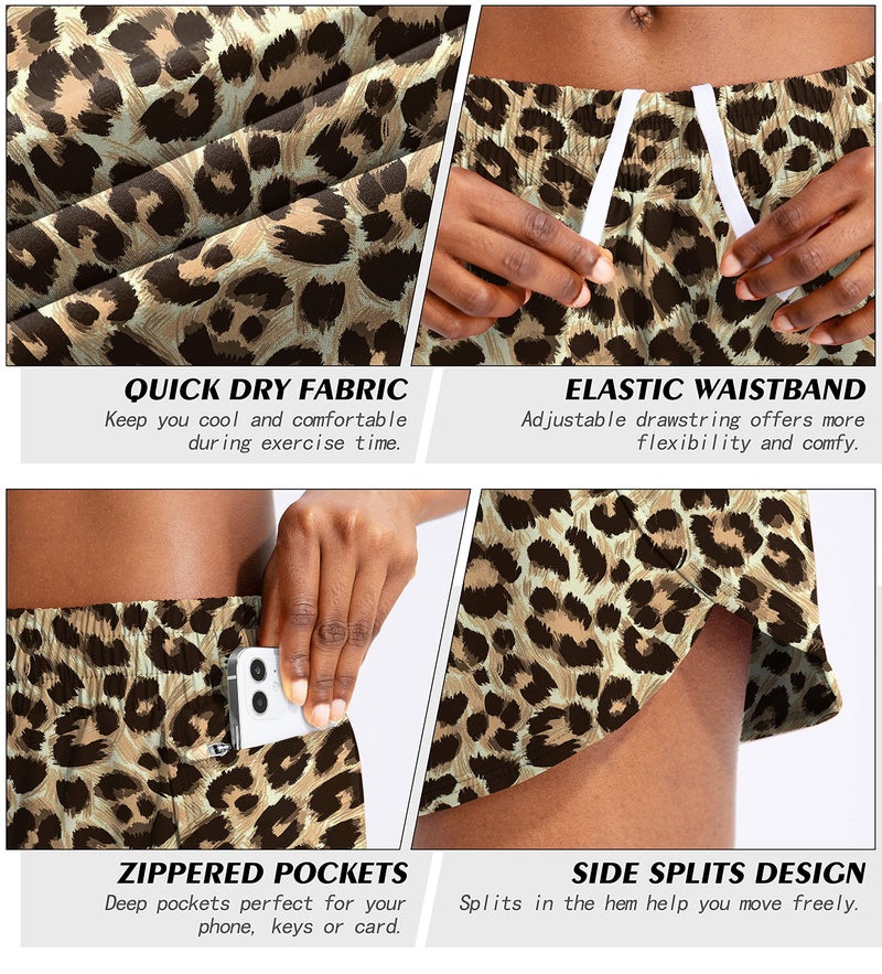 Soothfeel Womens Running Shorts with Zipper Pockets High Waisted Athletic Gym Workout Shorts for Women with Liner Brown Leopard - Image 4