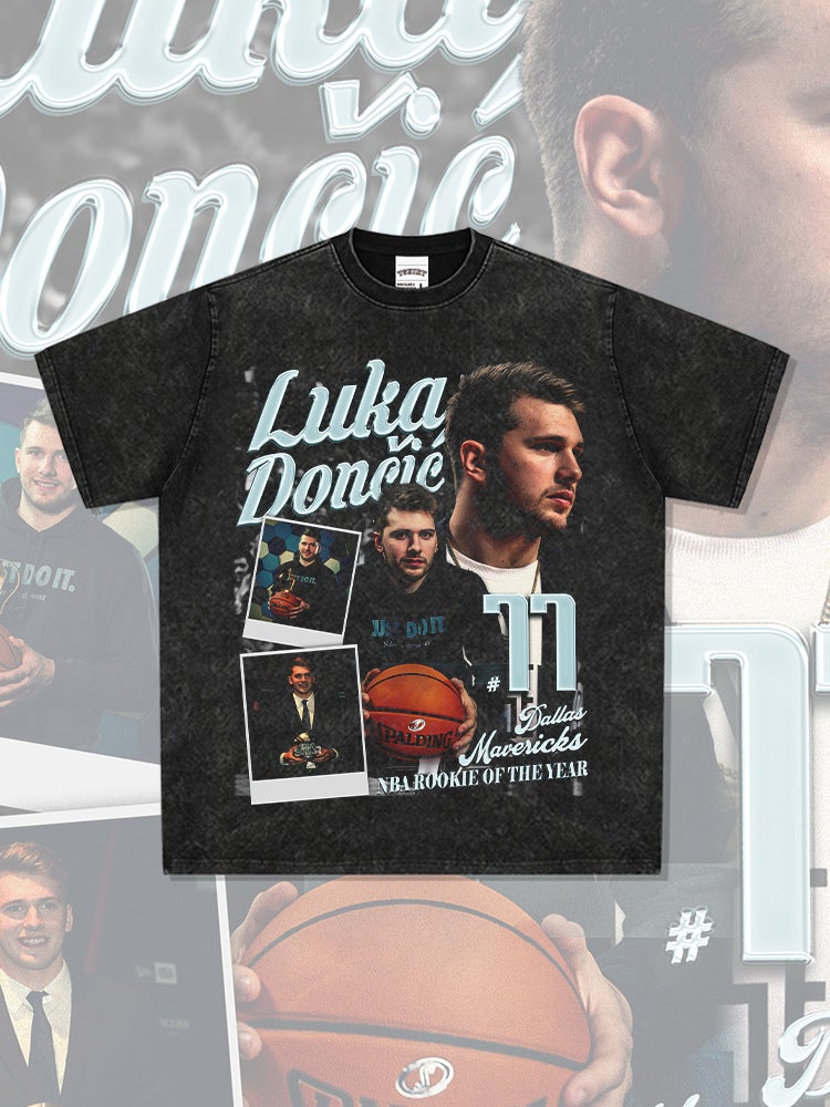 Doncic Luka Doncic Printed Long-Sleeved Short-Sleeved T-Shirt Ball Washed Distressed Heavy Top - Image 3