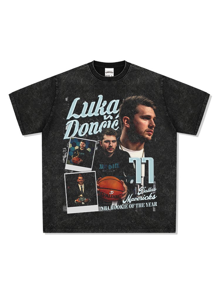 Doncic Luka Doncic Printed Long-Sleeved Short-Sleeved T-Shirt Ball Washed Distressed Heavy Top - Image 4