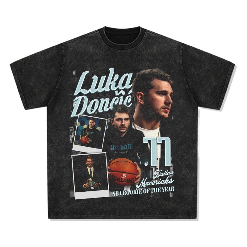 Doncic Luka Doncic Printed Long-Sleeved Short-Sleeved T-Shirt Ball Washed Distressed Heavy Top - Image 2