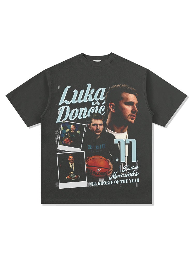 Doncic Luka Doncic Printed Long-Sleeved Short-Sleeved T-Shirt Ball Washed Distressed Heavy Top - Image 5