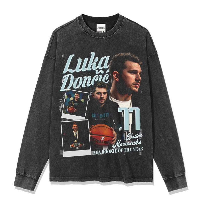 Doncic Luka Doncic Printed Long-Sleeved Short-Sleeved T-Shirt Ball Washed Distressed Heavy Top - Image 1