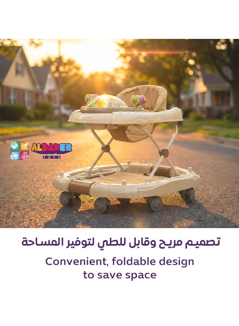 البدر عربة ومقعد هزاز 2 في 1 للرضع، قابلة للطي والتعديل، مزودة بموسيقى وألعاب تفاعلية، عجلات سلسة وتصميم آمن ومريح للرضع من 6 إلى 18 شهر (بيج) - Image 2