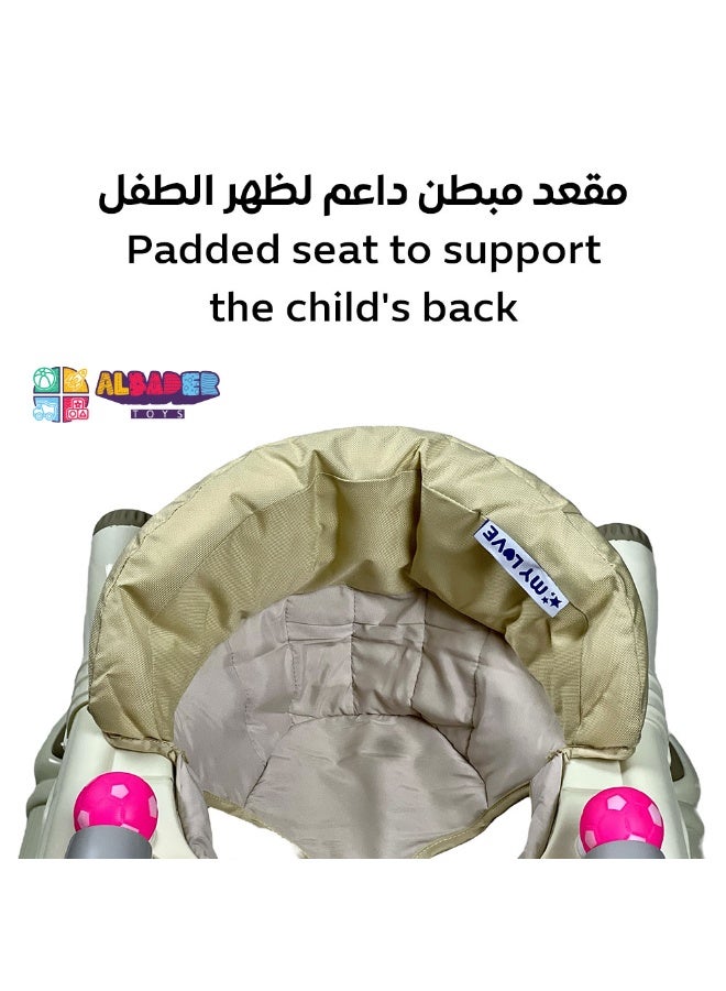 البدر عربة ومقعد هزاز 2 في 1 للرضع، قابلة للطي والتعديل، مزودة بموسيقى وألعاب تفاعلية، عجلات سلسة وتصميم آمن ومريح للرضع من 6 إلى 18 شهر (بيج) - Image 4