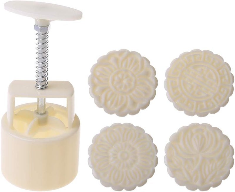 100g Round Hand Press Cake Mold Set With 4 Cartoon Flower Stamps For Pastry Bakery Mid Autumn Festival - Image 1