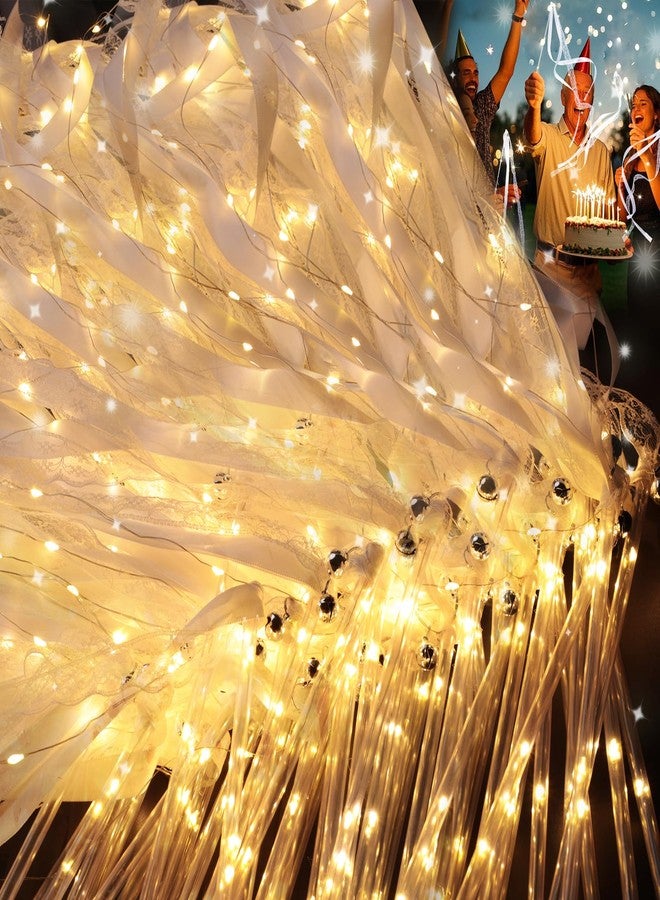 PLUVAVA 60 Pieces Light up Wands for Wedding Multi Mode Wedding Wands White Ribbon Wands Glow Fairy Wands with Bells for Wedding Send Off Reception Concert New Year Graduation Birthday （60 PCS） - Image 1