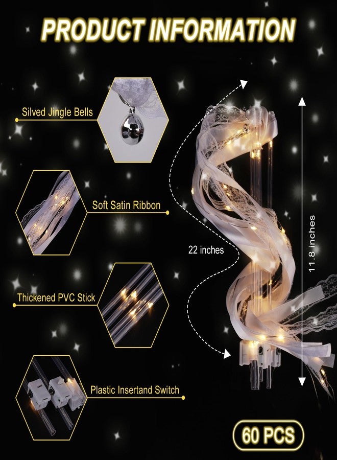 PLUVAVA 60 Pieces Light up Wands for Wedding Multi Mode Wedding Wands White Ribbon Wands Glow Fairy Wands with Bells for Wedding Send Off Reception Concert New Year Graduation Birthday （60 PCS） - Image 2