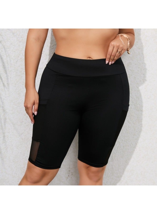 إسكدنيا 2023 European And American Five-point Adult Swimming Trunks Quick-drying Conservative High Waist Boxers Solid Color Swimming Trunks Women Plus Size-Color:Black 23023- - Image 4